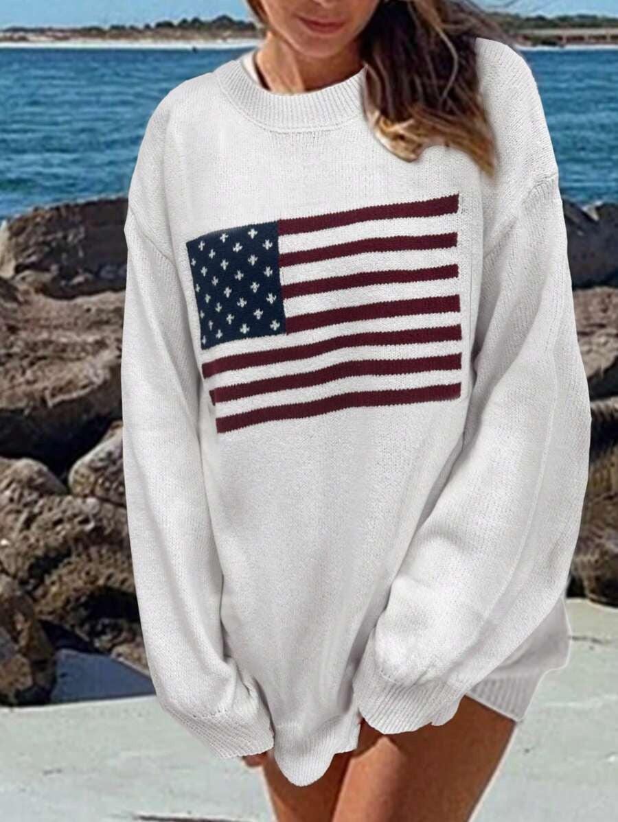 Damen Strickpullover mit Flaggenmotiv und lockerer Passform Drune