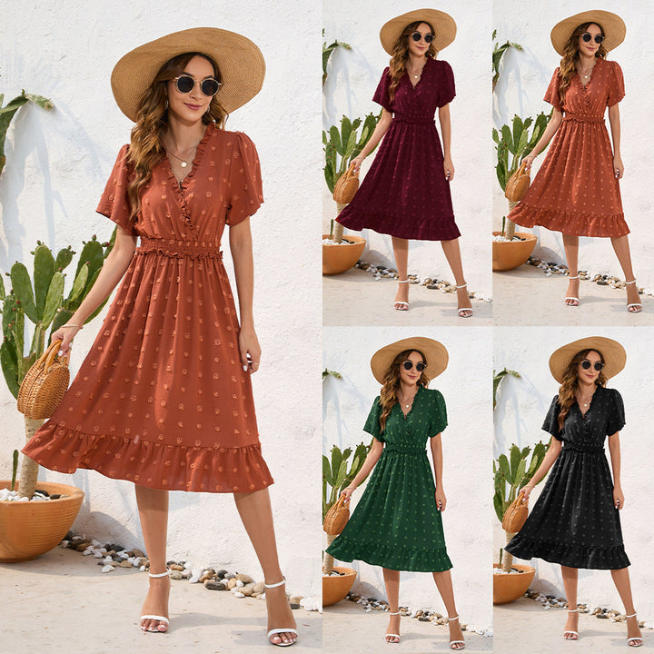 Damen Midikleid mit raffiniertem V-Ausschnitt, elastischem Taillenzug und fließendem Rock Drune