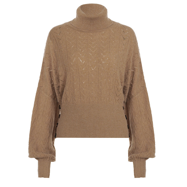 Damen nan kurzes Strick-Turtleneck mit Zierknopfleiste und Ballonärmeln Drune