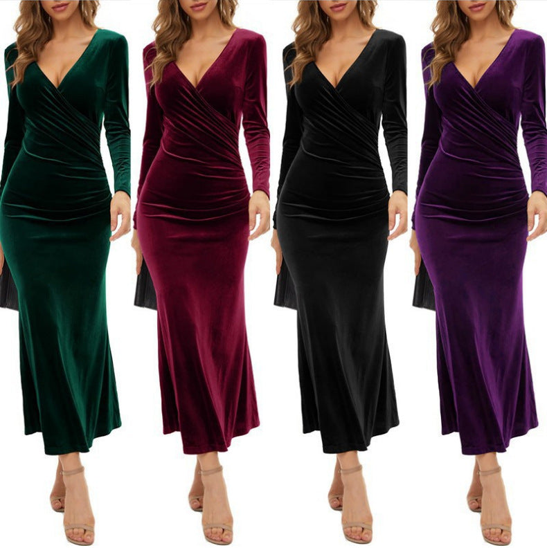 Damen nan elegantes Wickel-Maxikleid aus Samt mit V-Ausschnitt und figurformender Raffung Drune