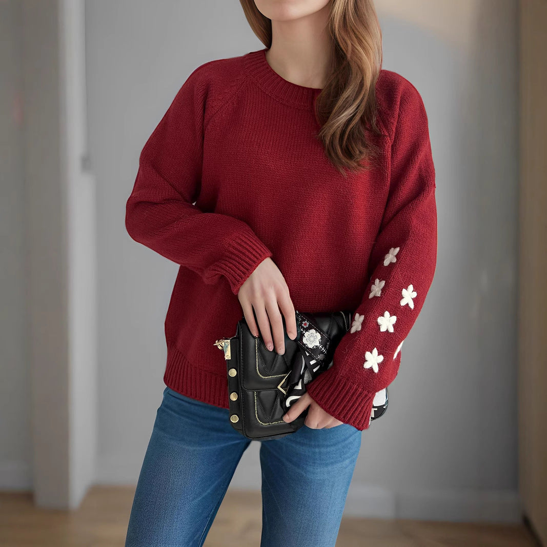 Damen Strickpullover mit floralen Applikationen und lässigem Schnitt Drune