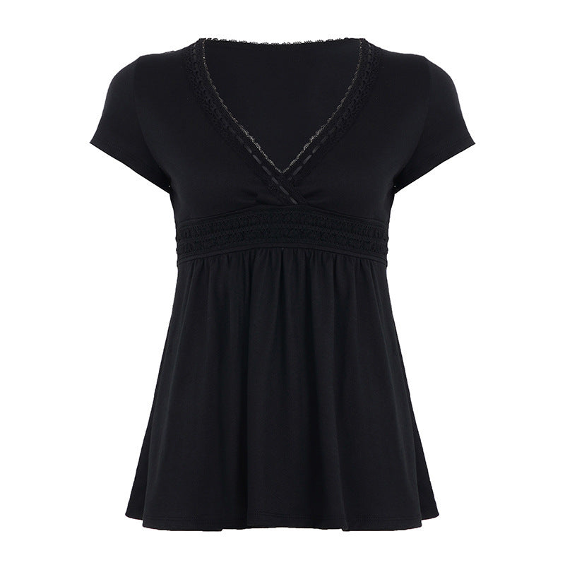 Damen Lockeres Sommerkleid mit V-Ausschnitt und Spitzenverzierungen Drune
