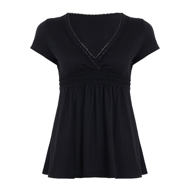 Damen Lockeres Sommerkleid mit V-Ausschnitt und Spitzenverzierungen Drune