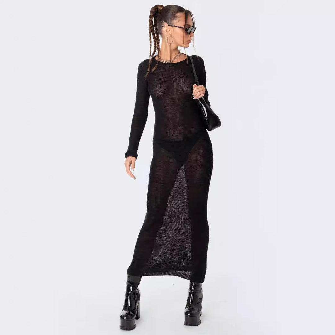 Damen elegantes Strick-Maxikleid mit Schnittdetails und stilvollem Ärmel Drune