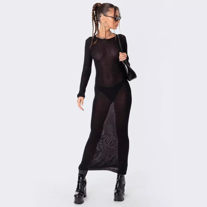 Damen elegantes Strick-Maxikleid mit Schnittdetails und stilvollem Ärmel Drune