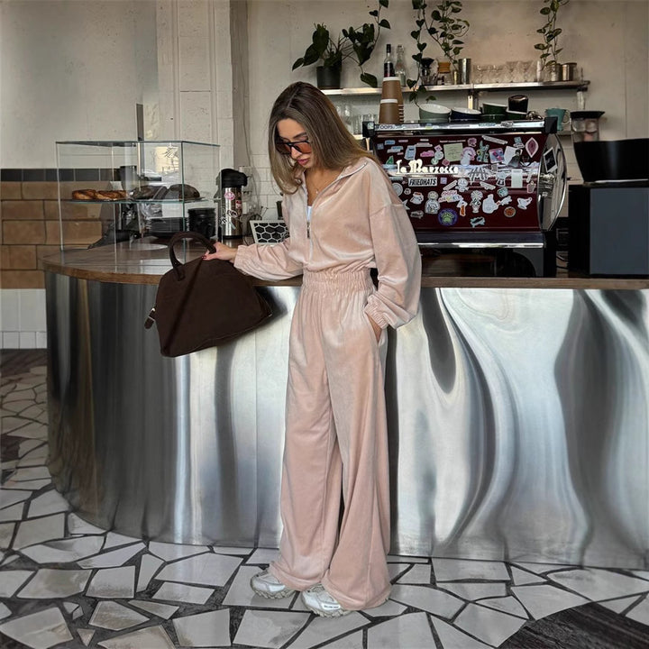 Damen luxuriöser Velours-Jumpsuit mit hohem Kragen Drune