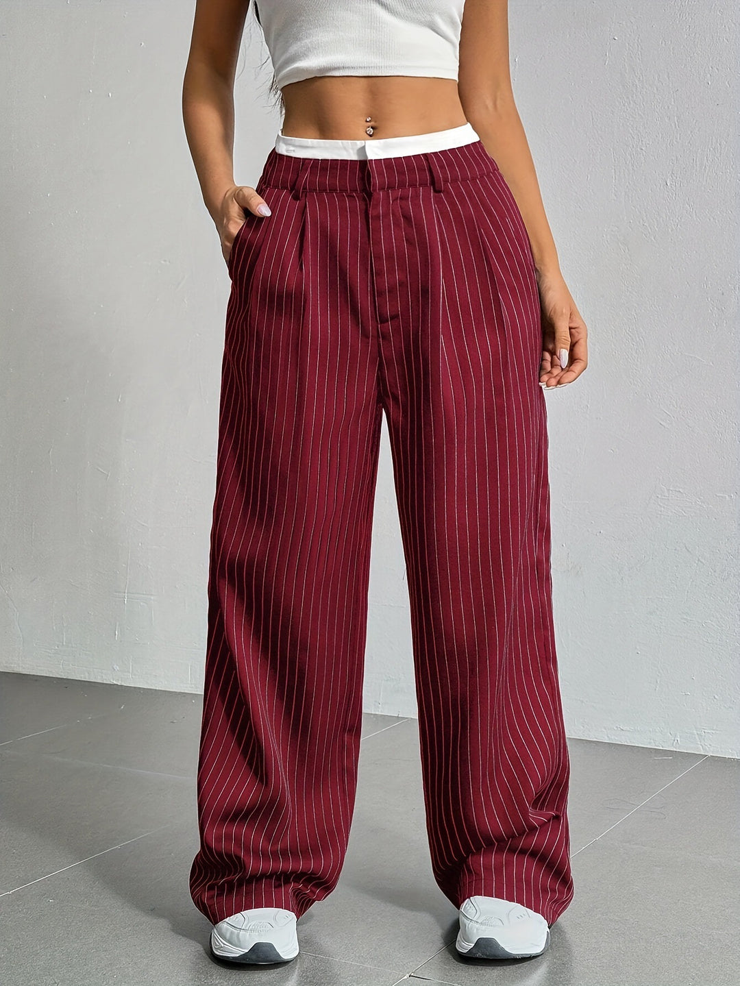 Damen Elegante Weite Hose mit Nadelstreifen und hohem Bund Drune