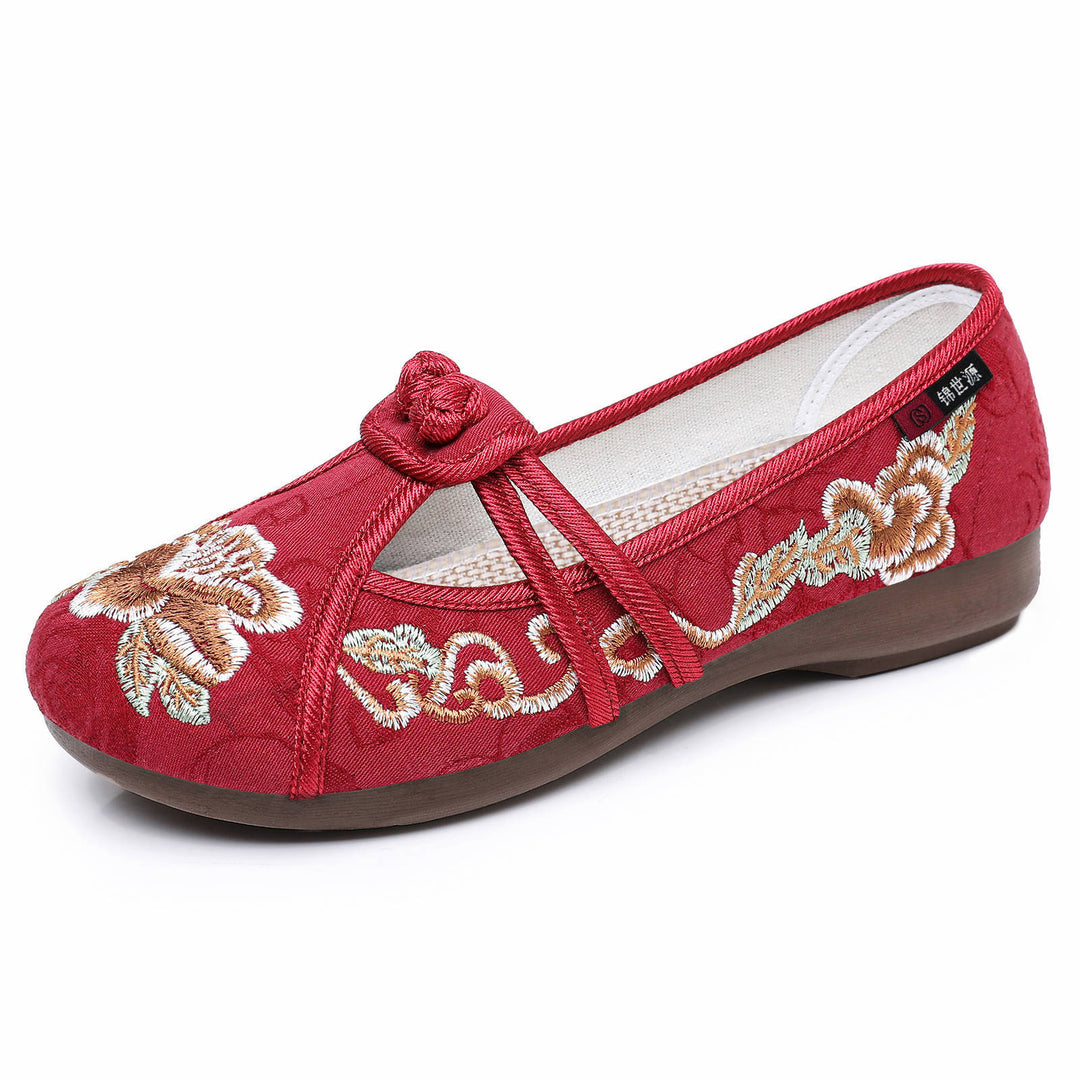 Damen nan bestickte Mary-Jane Slipper mit chinesischem Knotenverschluss und orthopädischer Komfortsohle Drune