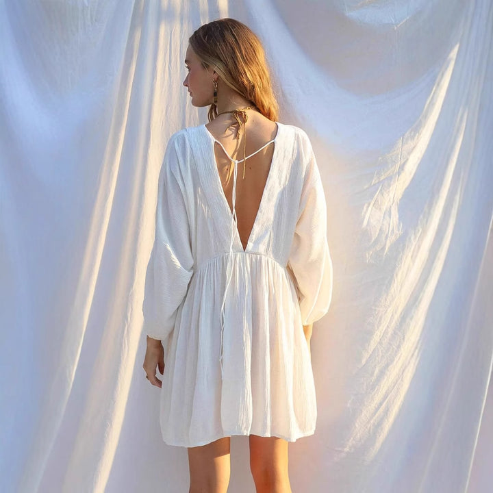 Damen luftiges Sommerkleid mit tiefem V-Ausschnitt und Rüschendetails Drune