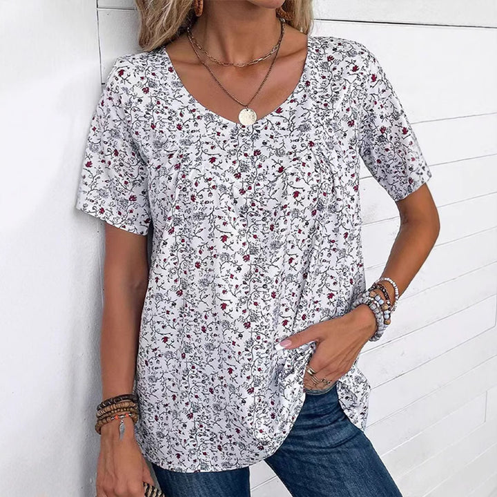 Damen nan lässiges Kurzarm-Tunika-Shirt mit Rundhalsausschnitt, zartem Blumenallover und dekorativen Brustfalten Drune