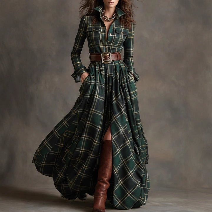 Damen nan karierte Maxikleid Hemdblusenkleid mit ausgestelltem Rock und breitem Taillengürtel Drune