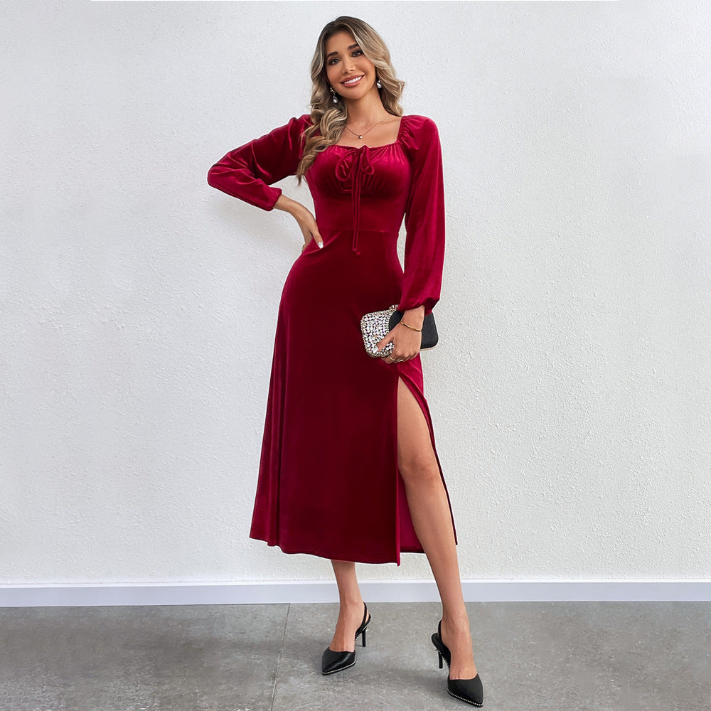 Damen Maxikleid mit eleganter Drapierung und hohem Schlitz Drune