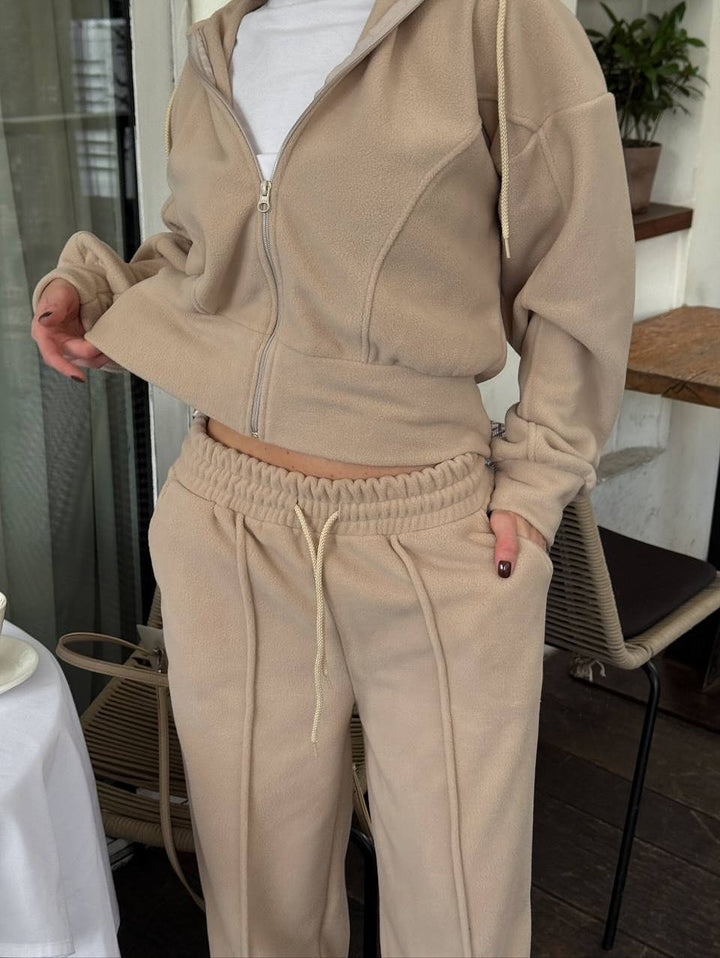 Damen Fleece Freizeitanzug mit stylischer Kapuze und elastischem Bund Drune