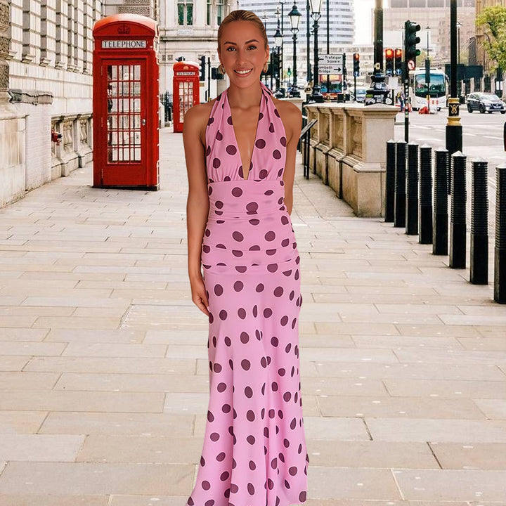 Damen Maxikleid mit raffiniertem Wasserfall-Ausschnitt und Punkten Drune