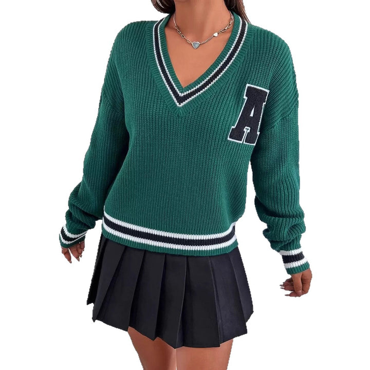 Damen Sportlicher V-Ausschnitt Pullover mit breiten Streifen und Applikation Drune