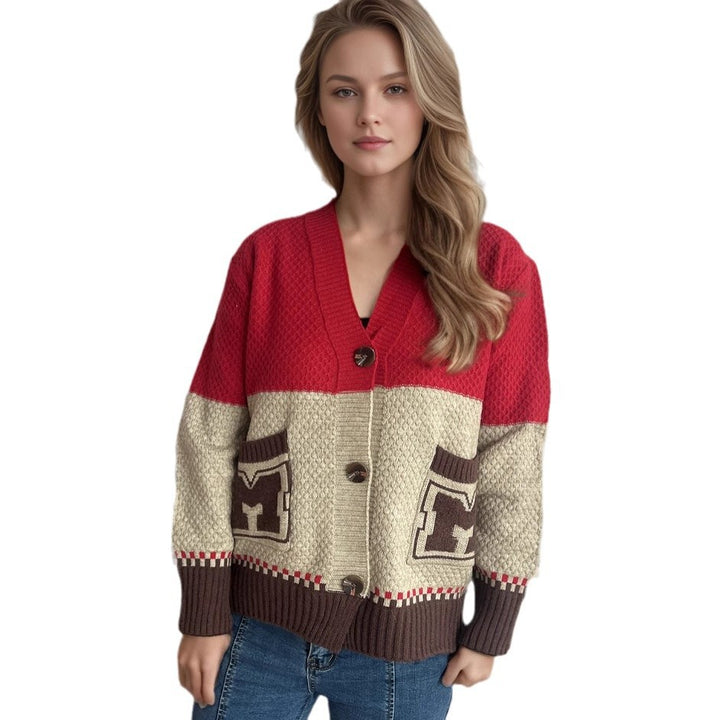 Damen gemütliche Strickjacke mit tiefem V-Ausschnitt und dekorativen Taschen Drune