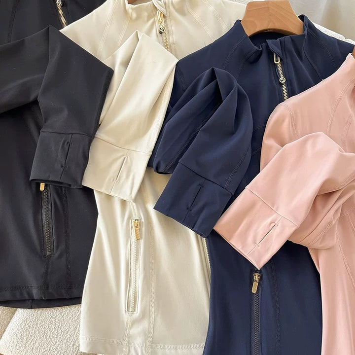 Damen elegante Sportjacke mit hohem Kragen und innovativem Reißverschluss Drune