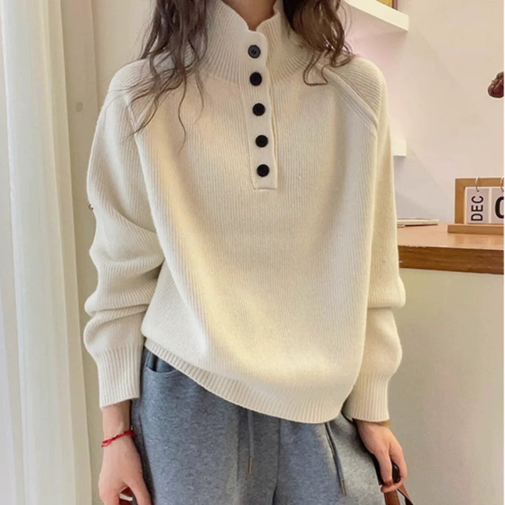 Damen Komfortabler Strickpullover mit Knopfleiste Drune