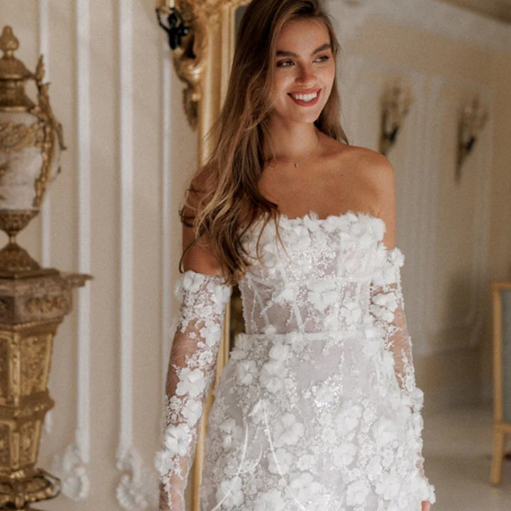 Damen Elegantes Maxikleid mit floralen Applikationen und transparenten Ärmeln Drune
