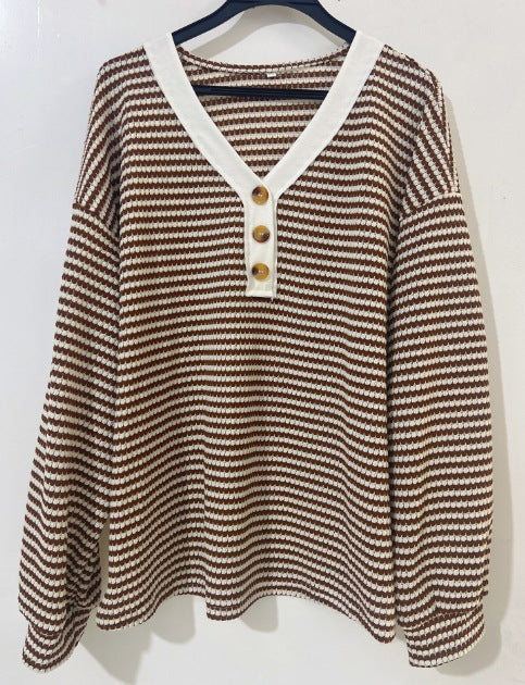 Damen lässiges V-Ausschnitt Langarmshirt mit Knopfdetails Drune