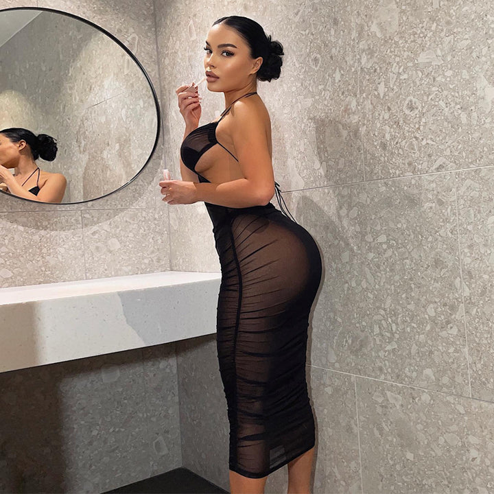Damen Transparente Bodycon Maxikleid mit tiefem Ausschnitt und verspielten Trägern Drune