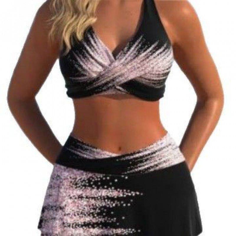 Damen Sport-Bikini-Set mit hochgeschlossenem Oberteil und schwingendem Rock Drune