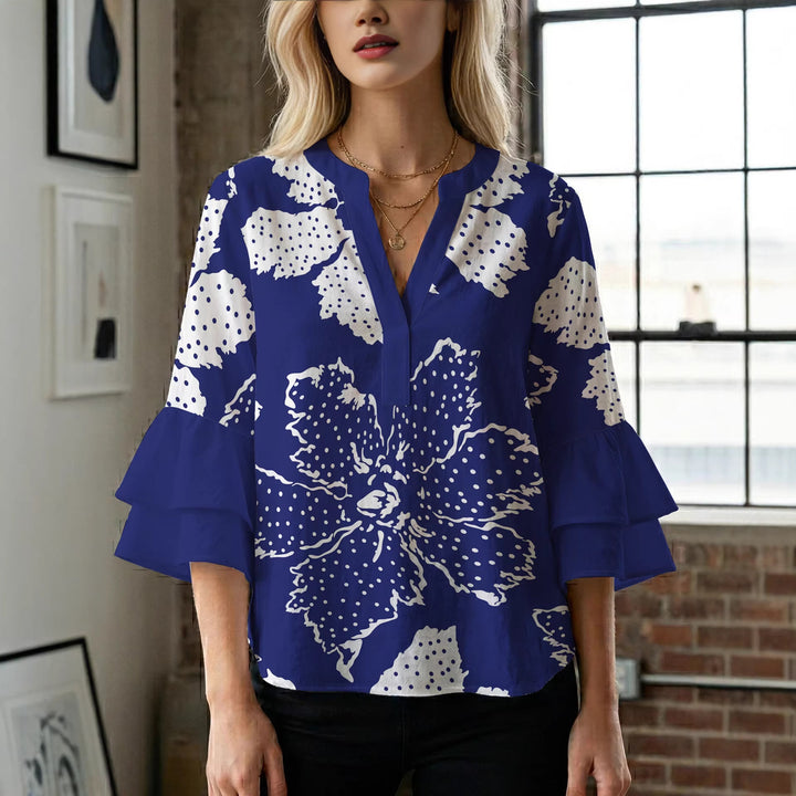 Damen elegantes Blusenshirt mit voluminösen Rüsenärmeln und grafischem Blumendesign Drune
