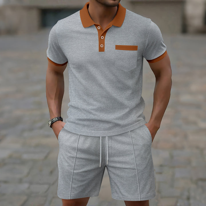 Herren Polohemd mit strukturierter Textur und modischem Kurzsporthosen Set Drune