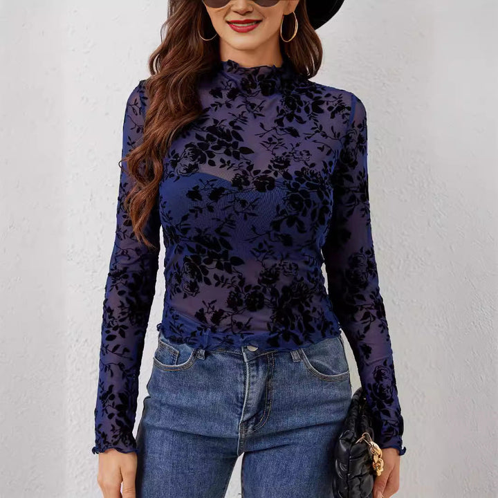 Damen nan transparentes Netzoberteil mit samtigem Floraldruck und Stehkragen Drune