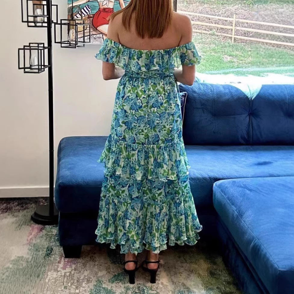 Damen maxi Kleid mit voluminösen Rüschendetails und floralem Design Drune