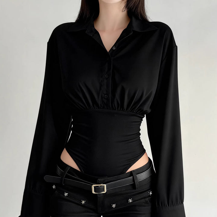 Damen eleganter Bodysuit mit feinem Kragen und Knopfdetails Drune
