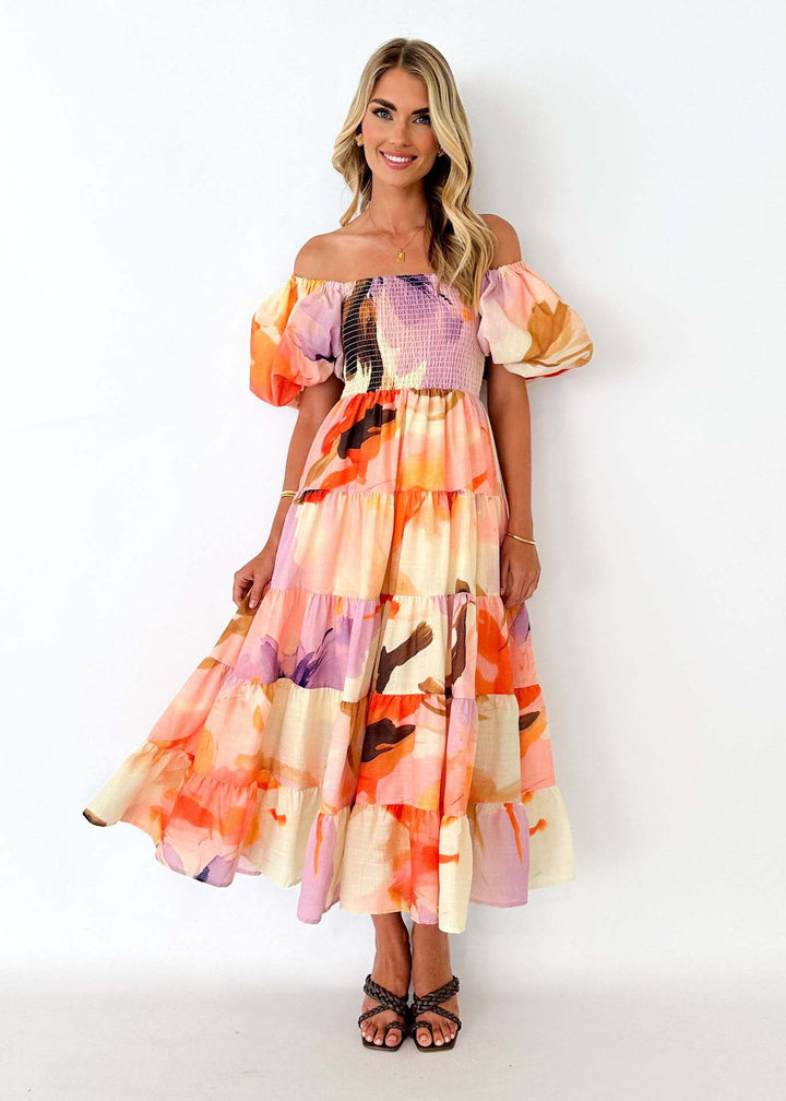 Damen Maxikleid mit Puffärmeln und floralem Smocking Drune