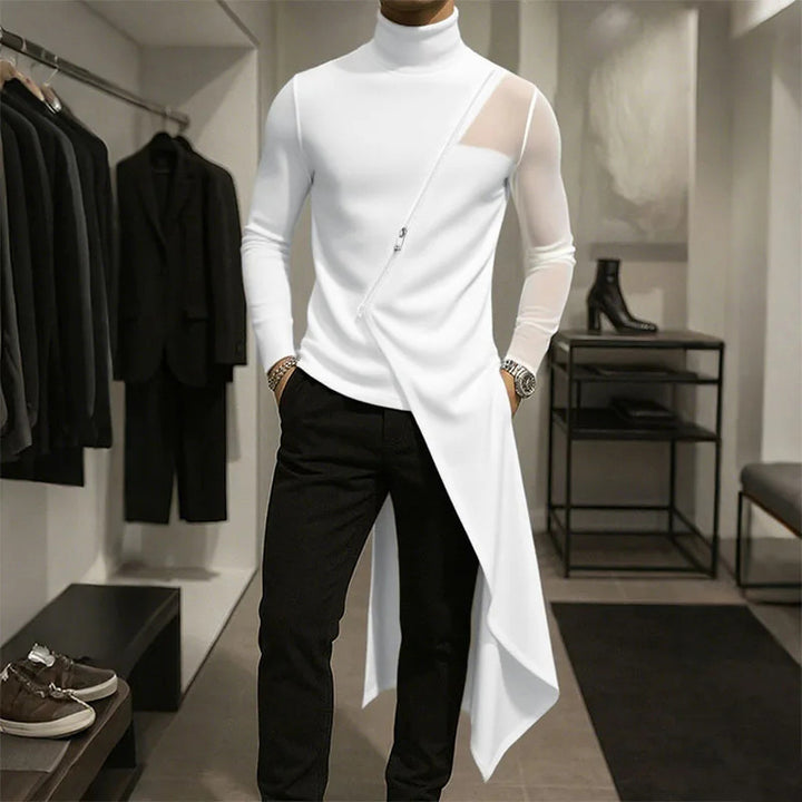Damen nan avantgardistisches Longshirt mit schrägem Reißverschluss, Stehkragen und unregelmäßigem Zipfelsaum Drune