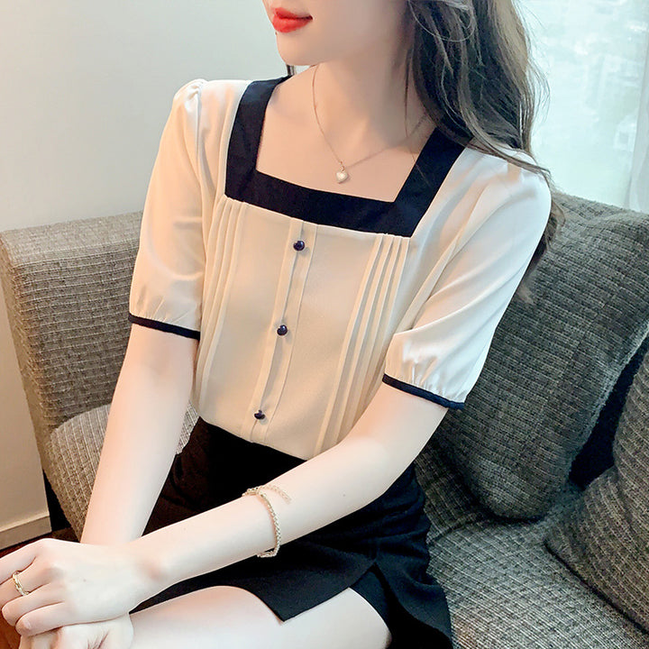Damen Elegante Bluse mit Plissee-Details und kontrastierenden Akzenten Drune