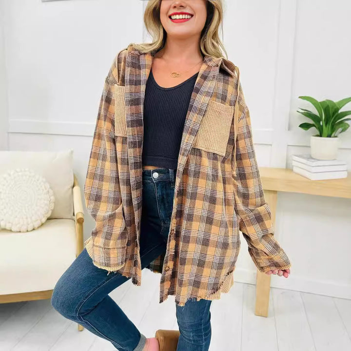 Damen Oversized Karo-Hemdjacke mit fransigen Details Drune