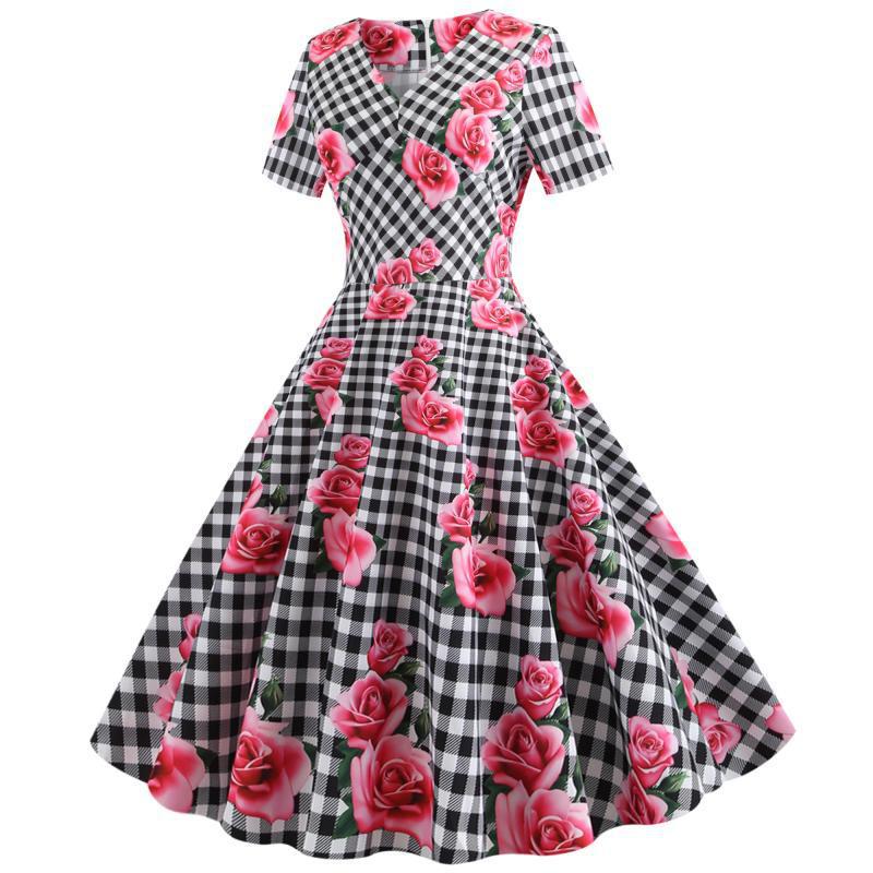 Damen Rockabilly Kleid mit floralem Karomuster Drune