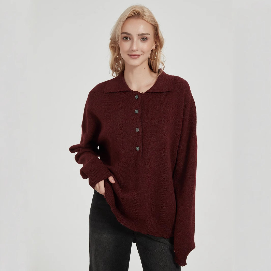 Damen Oversized Strickpullover mit elegantem Kragen und Knopfdetails Drune