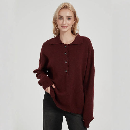 Damen Oversized Strickpullover mit elegantem Kragen und Knopfdetails Drune