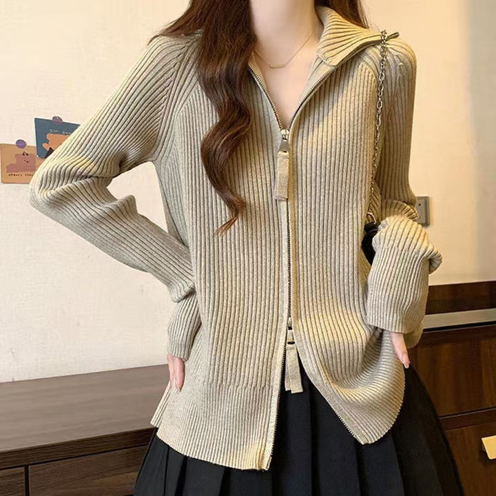Damen Modische Strickjacke mit Stehkragen und Reißverschluss Drune