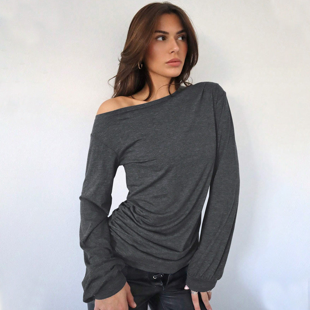 Damen lässiges Off-Shoulder Langarmshirt mit eleganten Rüschendetails Drune