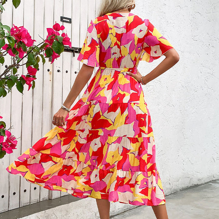 Damen Blümchen Maxikleid mit Knopfleiste und Rüschendetails Drune