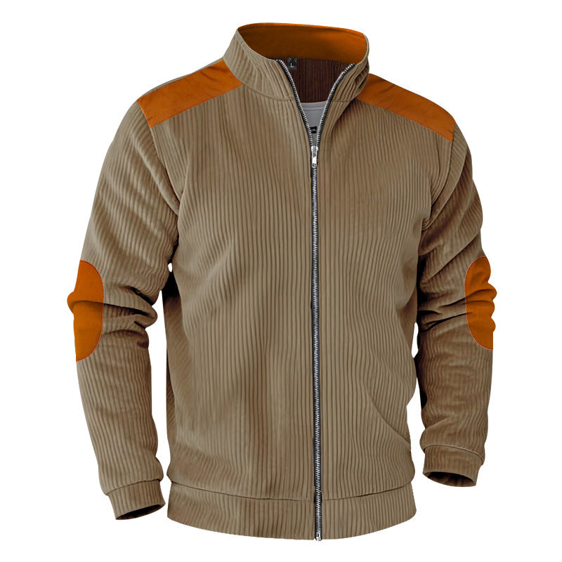 Herren nan gerippte Stehkragen-Sweatjacke mit durchgehendem Reißverschluss, Schulter- und Ellbogen-Patches Drune