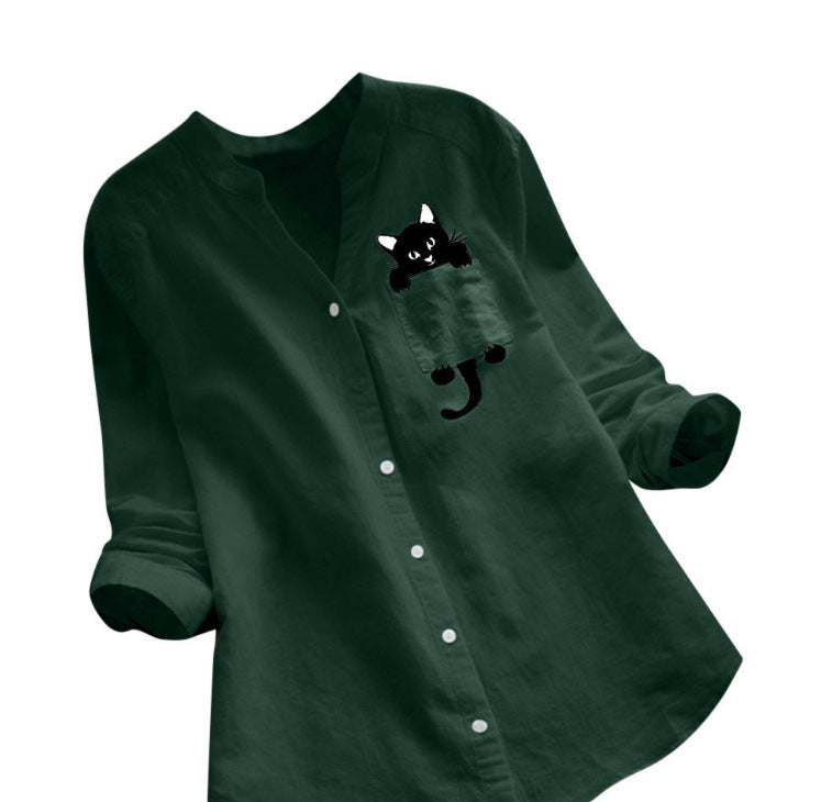Damen trendige Bluse mit lustigem Katzenmotiv Drune
