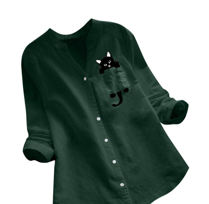 Damen trendige Bluse mit lustigem Katzenmotiv Drune