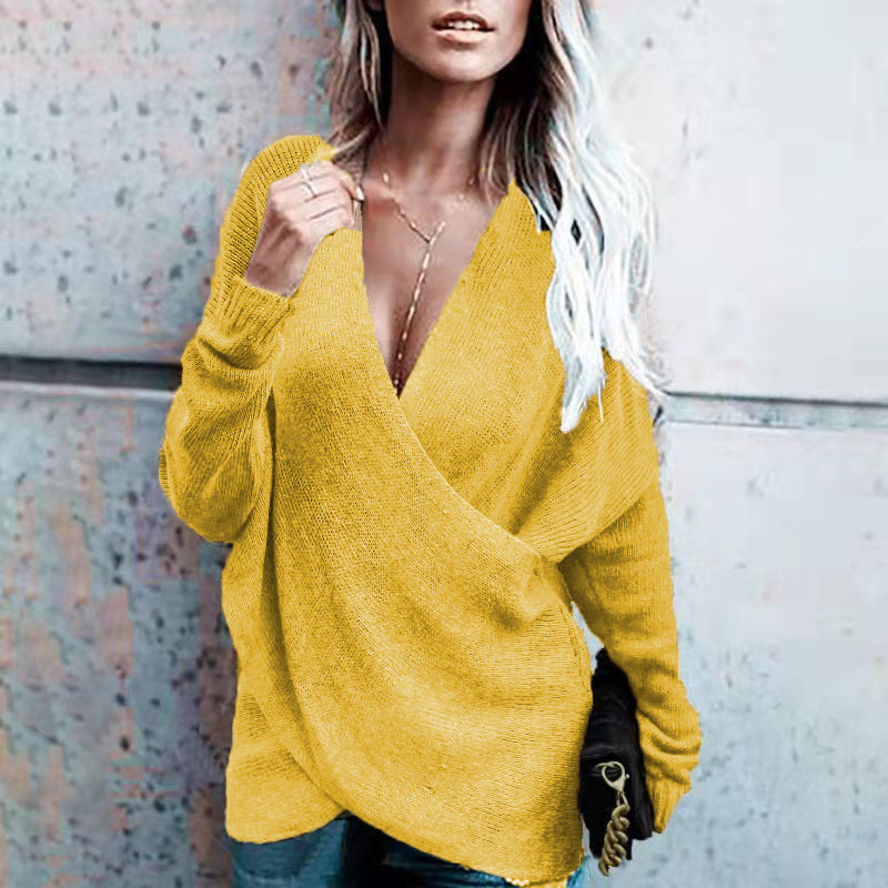 Damen Eleganter Wickelpullover mit weichem Strick und tiefem V-Ausschnitt Drune