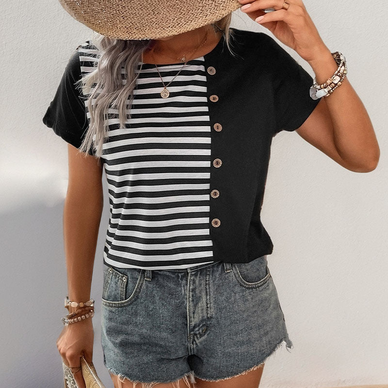 Damen gestreiftes T-Shirt mit Knopfdetails Drune
