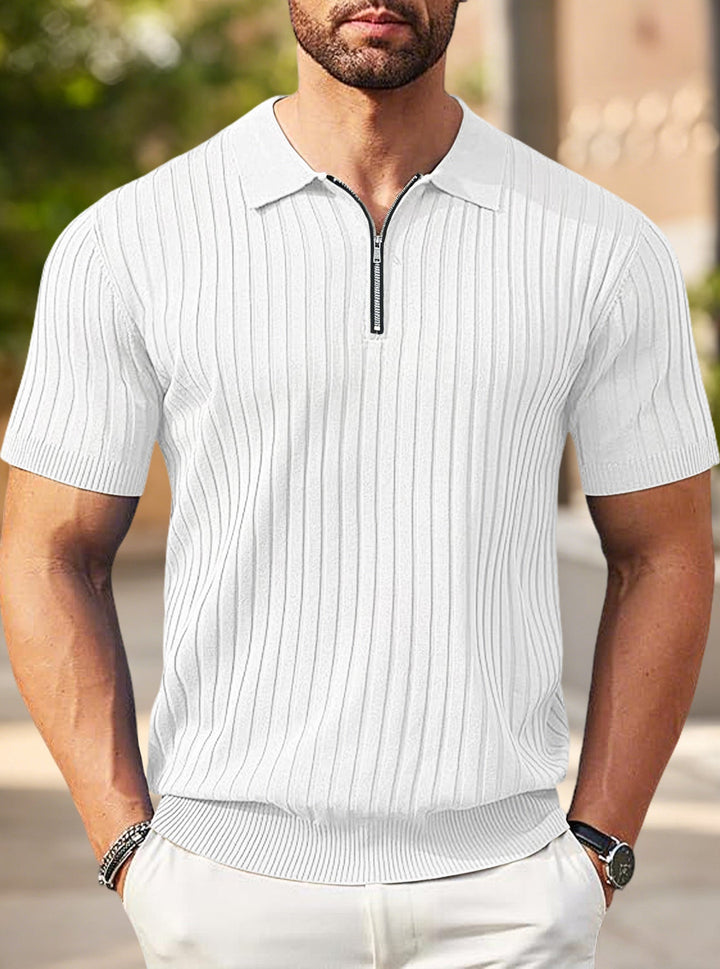 Herren nan elegantes strukturiertes Kurzarm-Strickpolo mit kurzem Metallreißverschluss und Hemdkragen Drune