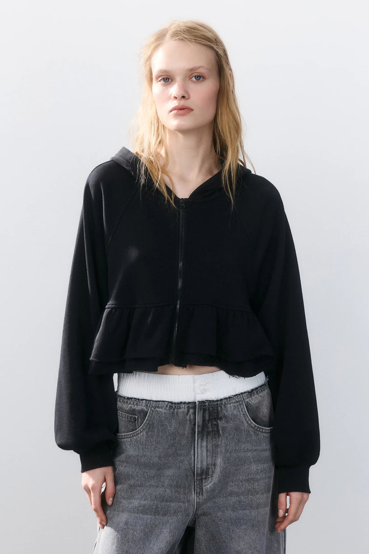 Damen cropped Kapuzenjacke mit verspieltem Rüschendesign Drune