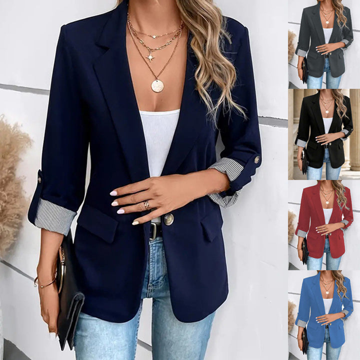 Damen eleganter Blazer mit gestreiftem Futter und stilvollen Taschen Drune