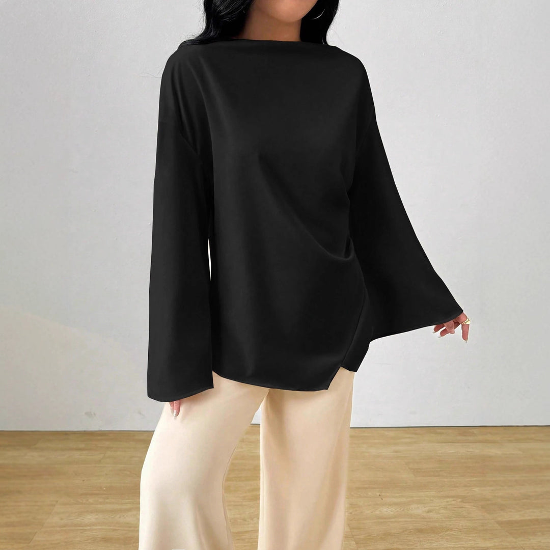 Damen nan oversized Satin-Tunika mit U-Boot-Ausschnitt und weiten Trompetenärmeln Drune